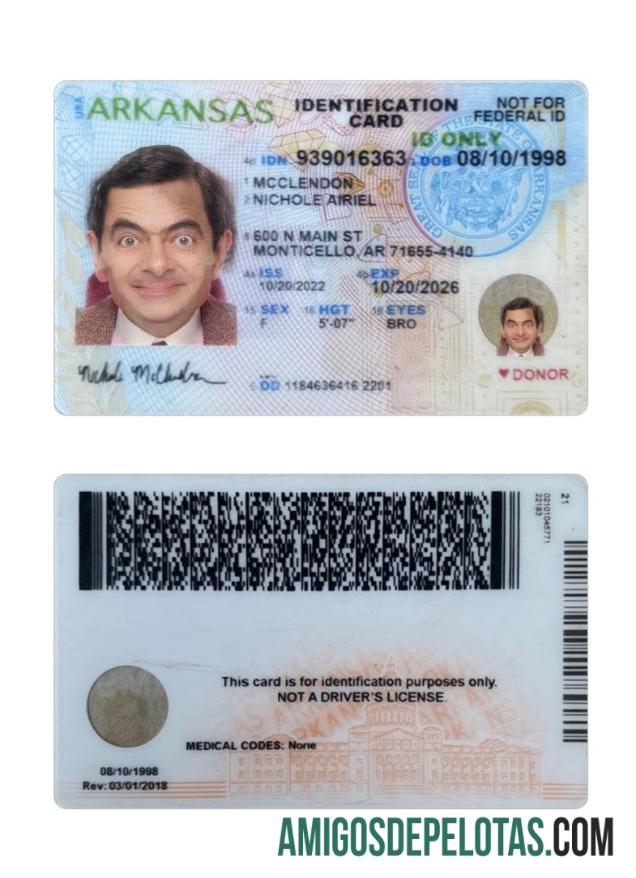 USA Arkansas ID Card exemplo